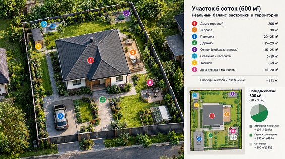 Реальный баланс застройки и территории на участке 6 соток  