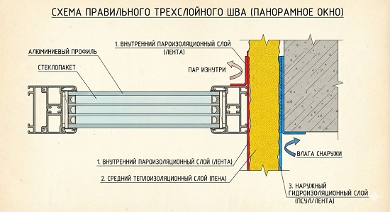 Схема правильного трехслойного монтажного шва для панорамного окна