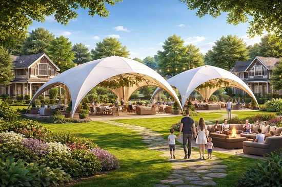 Арочный шатер в коттеджном поселке — современное решение для открытых пространств