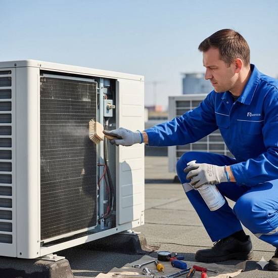 Специалист проводит обслуживание внешнего блока кондиционера