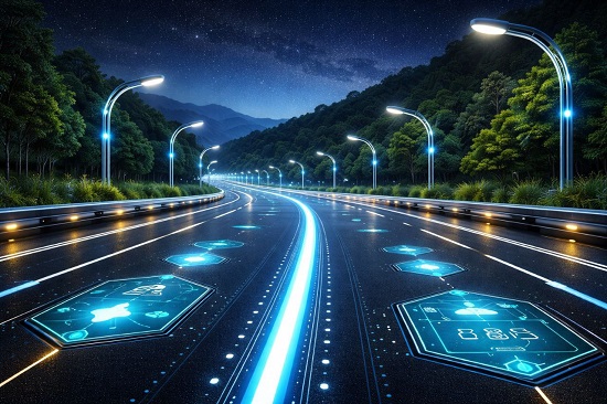 Концепт-арт умной дороги будущего с интегрированными датчиками и системой освещения