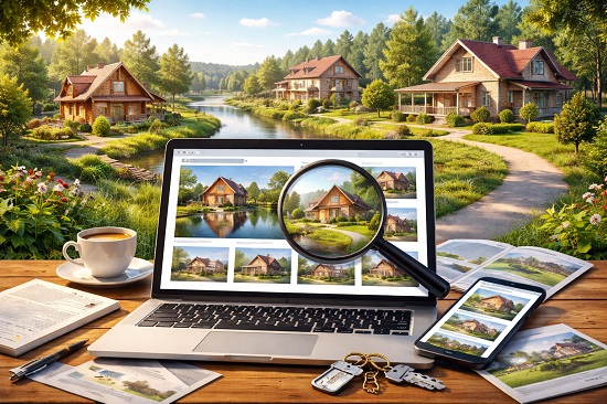 Ноутбук с каталогом загородных домов на экране, увеличительное стекло, смартфон и печатные материалы на фоне котеджного поселка у реки
