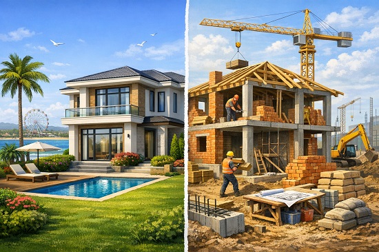 Сравнение готового дома и строительство нового дома в Евпатории: современная вилла и активная стройка