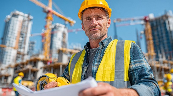 Дмитрий Соколов — портрет инженера на стройплощадке в каске с рулеткой и планами фундамента