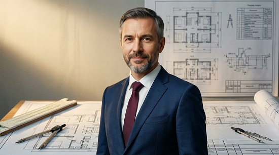 Сергей Воронин — портрет автора, фото инженера средних лет в деловом костюме на фоне строительных чертежей