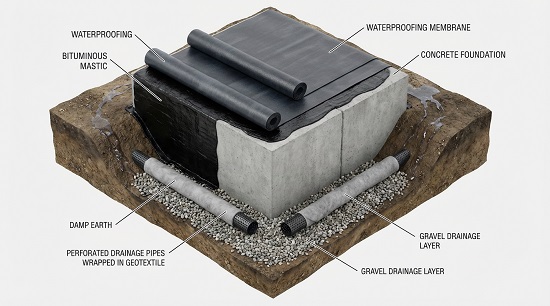 Схема гидроизоляции фундаментных блоков на примере ленточного фундамента