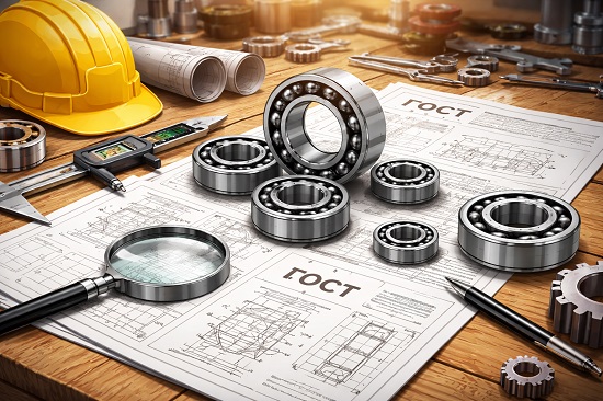 Набор подшипников разных размеров с чертежами, измерительными инструментами и строительной каской