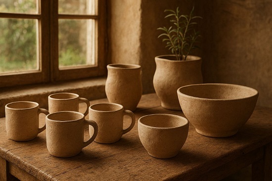 Керамические изделия ручной работы на деревянном столе