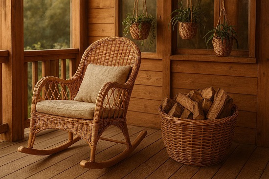 Плетеные корзины и мебель в интерьере загородного дома