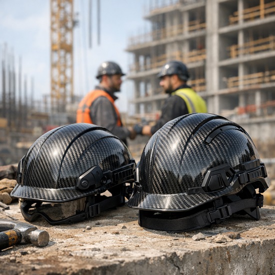 Две карбоновые строительные каски на фоне активной стройки с рабочими и ашенным краном