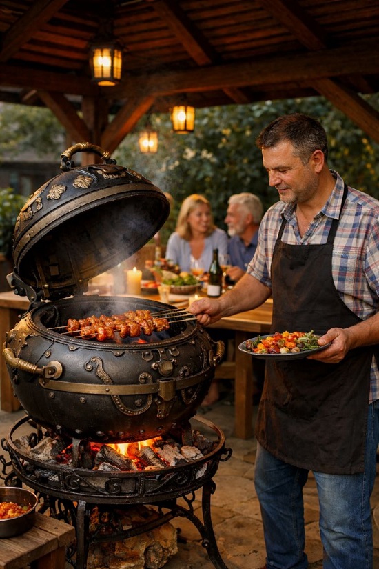 Готовая зона барбекю с кованым мангалом