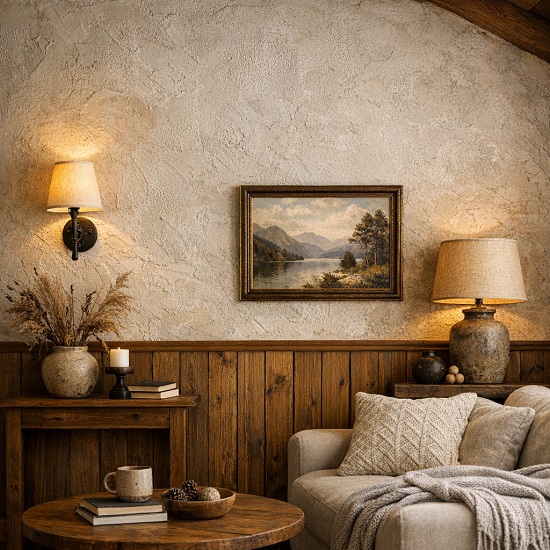 Фрагмент стены с фактурной штукатуркой и деревянной панелью