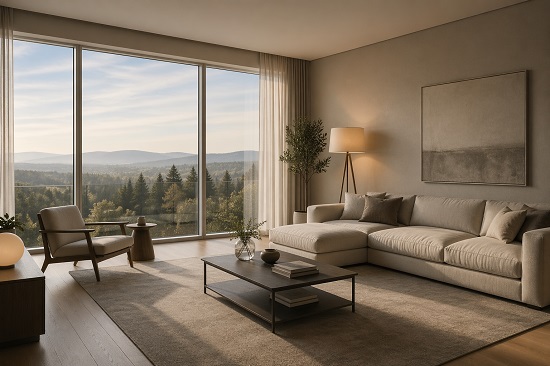 Просторная гостиная с панорамным окном, диваном и торшером в углу