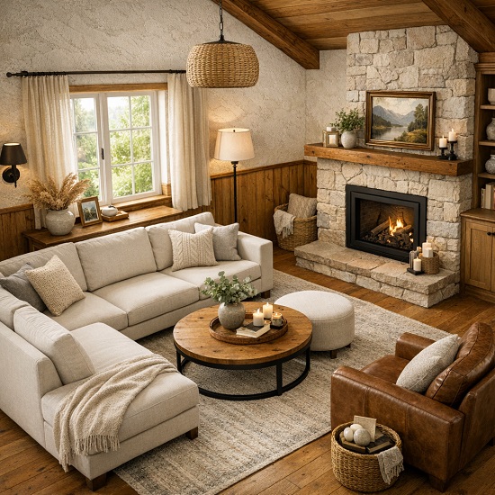 вид под углом 45°, просторная гостиная с камином, мягкой мебелью и обеденным освещением