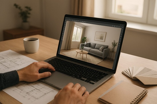 Человек работает за ноутбуком с программой для дизайна интерьера