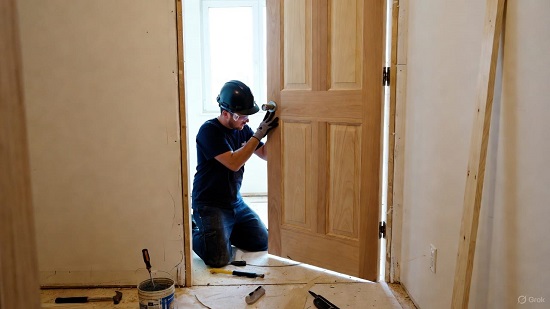 Мастер устанавливает межкомнатную дверь