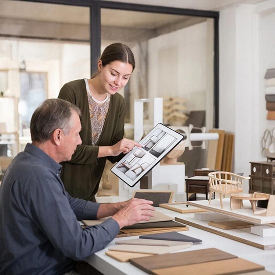 Дизайнер обсуждает проект мебели с клиентом
