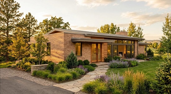 Одноэтажный дом с фасадом облицованном кирпичом