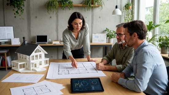 Архитектор и заказчик обсуждают проект дома за столом с чертежами