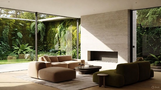 Интерьер с большими окнами и живыми растениями