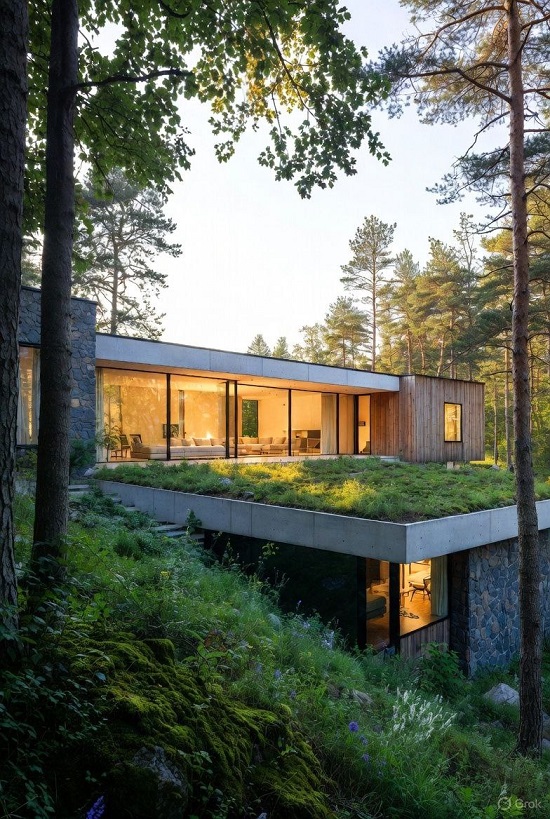 Современный загородный дом, интегрированный в природный ландшафт