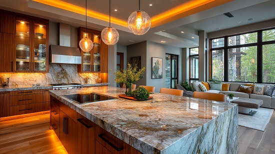 Освещение кухни в частном доме с рабочей зоной и подсветкой