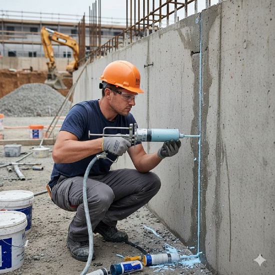 Процесс инъектирования трещины в бетоне