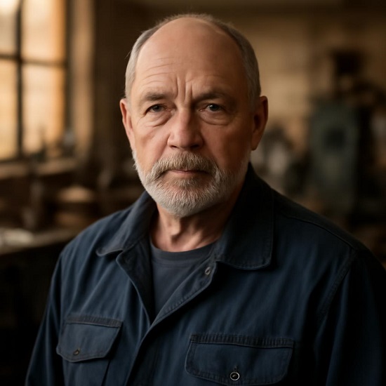 Виктор Смирнов — портрет опытного инженера в рабочей одежде на фоне мастерской
