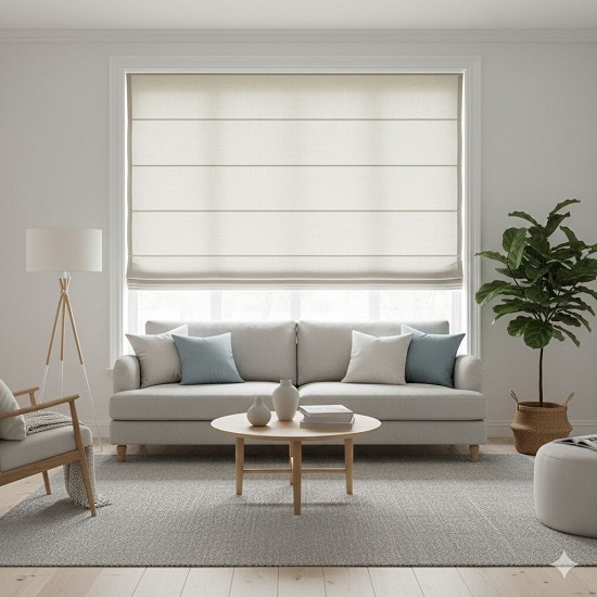 Светлая гостиная в скандинавском стиле с идеально ровными римскими шторами из льна