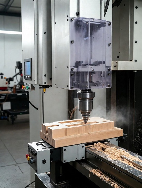 Современный фрезерный станок с ЧПУ обрабатывает деревянную заготовку