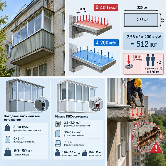 Инфографика: расчет нагрузки на балконную плиту и сравнение веса холодного алюминиевого и теплого ПВХ-остекления; внизу — осмотр поврежденной плиты