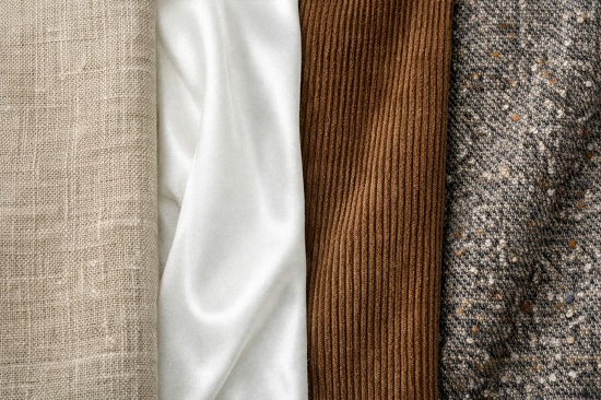 Крупный план различных тканей: лен, хлопок, тяжелый хлопковый вельвет, твид
