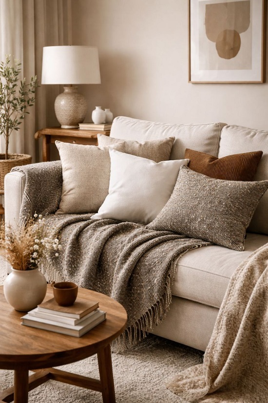 Уголок гостиной с диваном, укрытым пледом, и группой декоративных подушек разных фактур