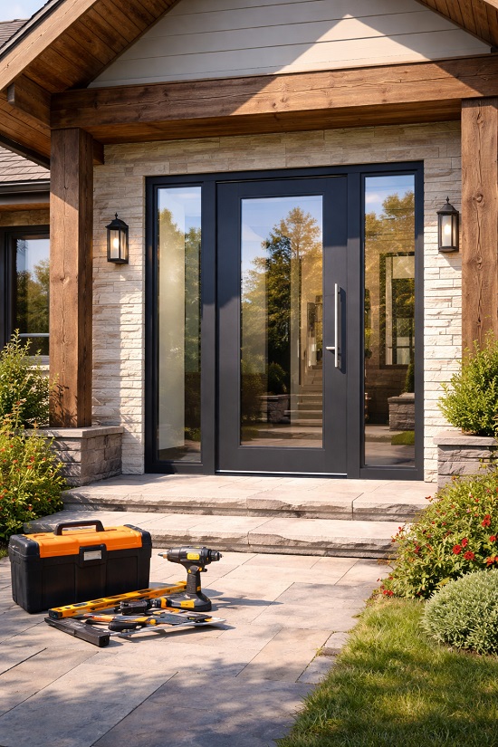 Современная входная дверь в загородном доме с остеклением