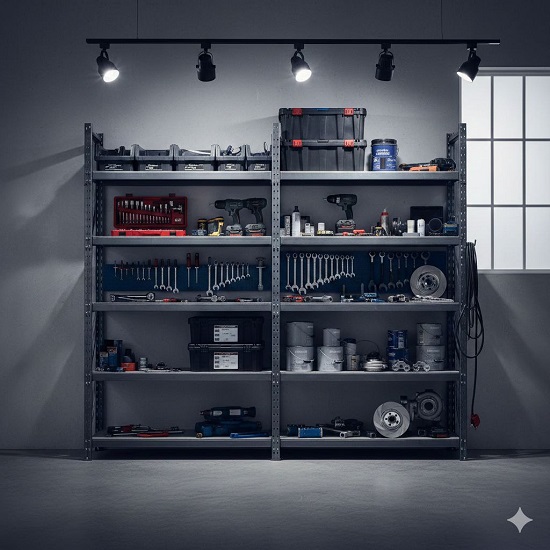 Готовый металлический стеллаж в гараже, заполненный инструментами и коробками