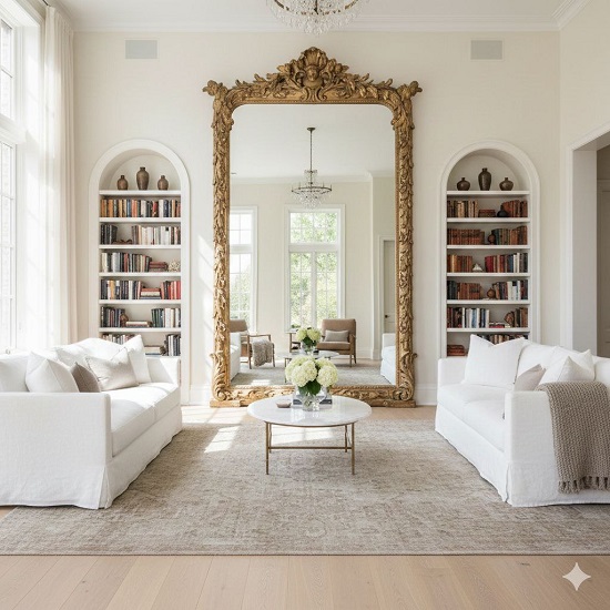 Большое напольное зеркало в гостиной, отражающее окно и свет