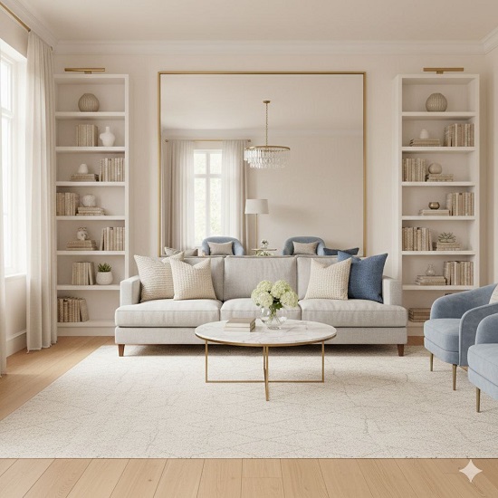 Большое зеркало в интерьере светлой гостиной